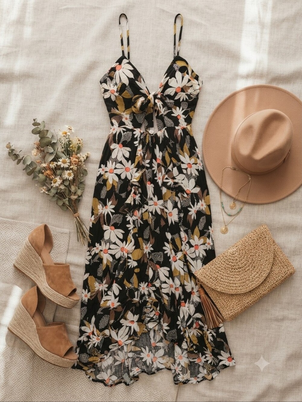 Angie Black Tie Bust CutOut Floral Ruffle Hem Dress